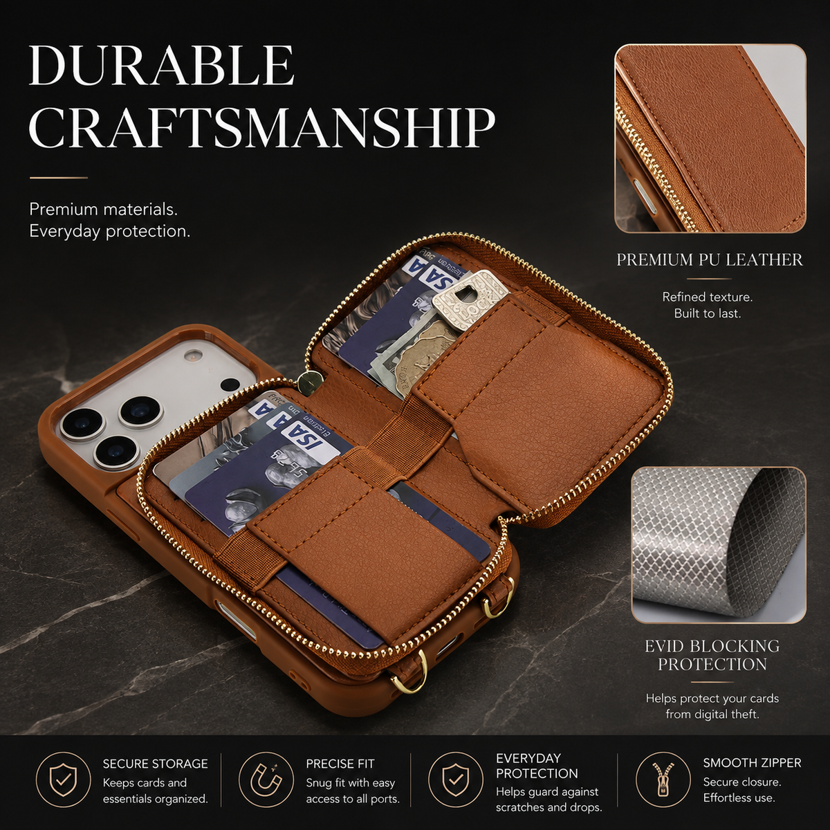 Premium iPhone Case Wallet Crossbody Leather Flip Cover Zipper Card Holder RFID Pocket Shoulder Strap Shockproof Full Coverage Protective Phone Case
