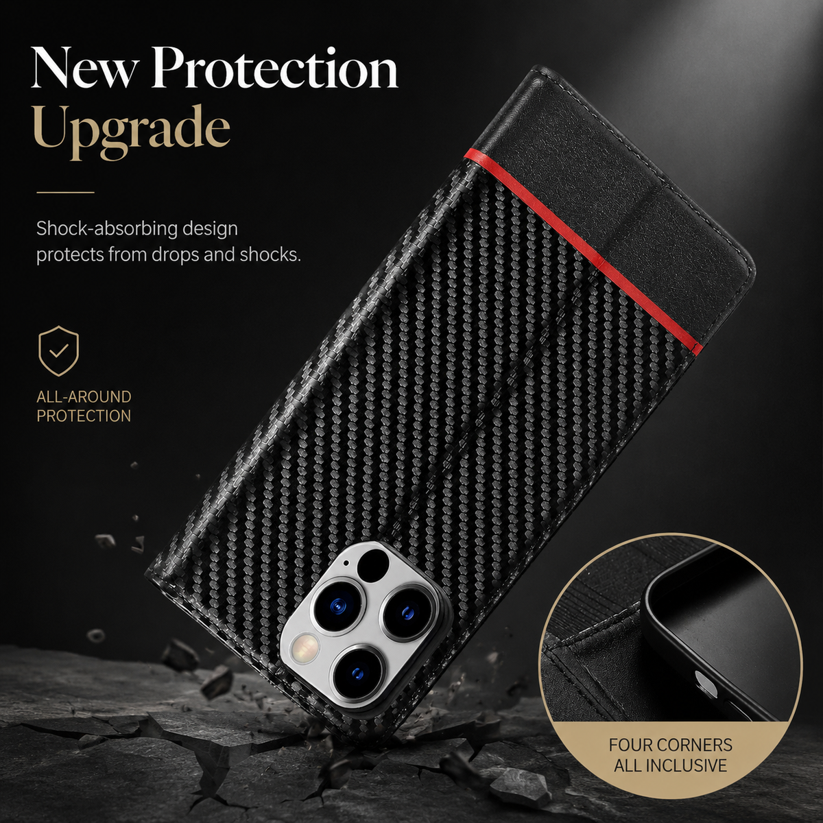 Premium iPhone Case Wallet MagSafe Compatible Carbon Fiber Leather Flip Cover Shockproof Card Holder Stand Camera Lens Protection Slim Magnetic Design