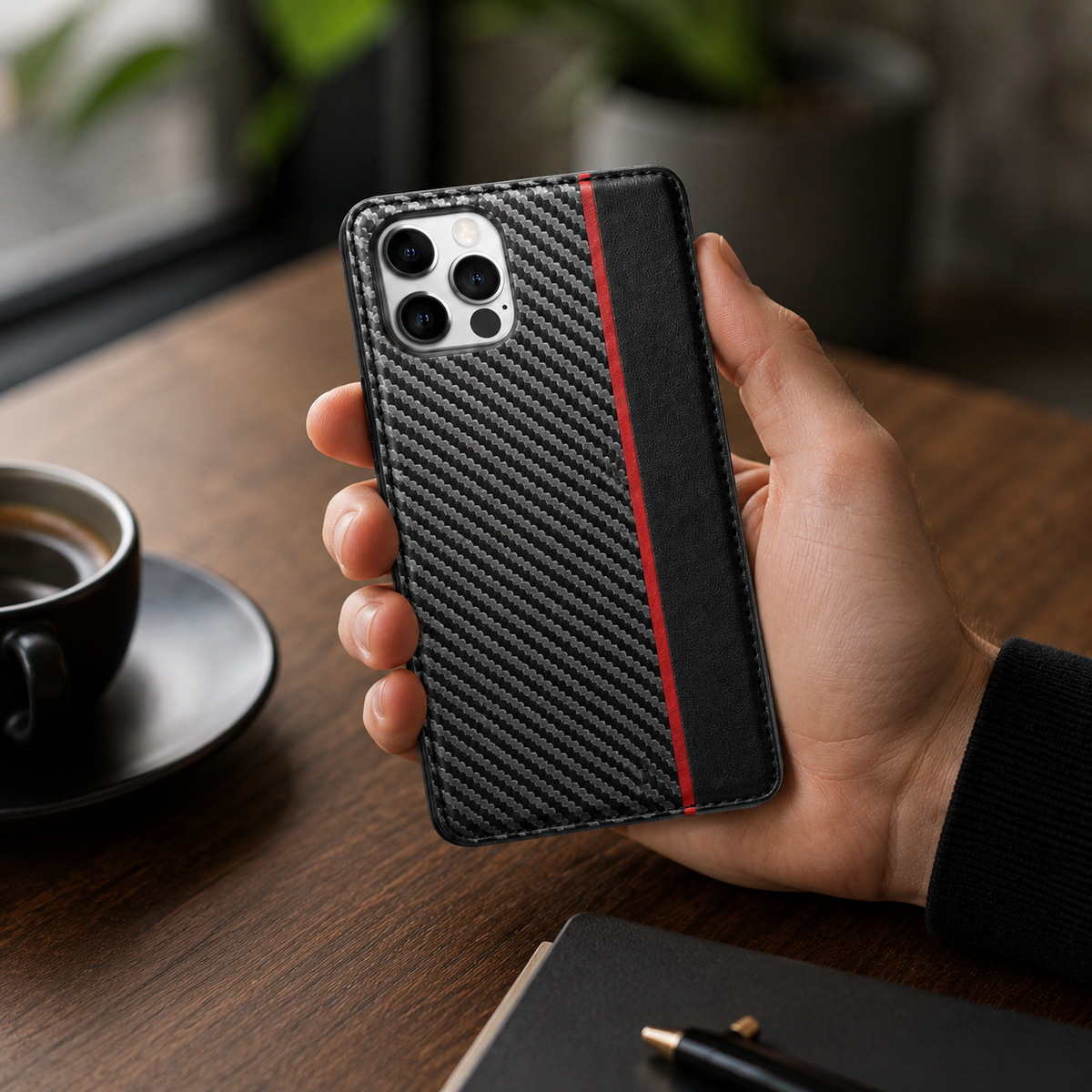 Premium iPhone Case Wallet MagSafe Compatible Carbon Fiber Leather Flip Cover Shockproof Card Holder Stand Camera Lens Protection Slim Magnetic Design