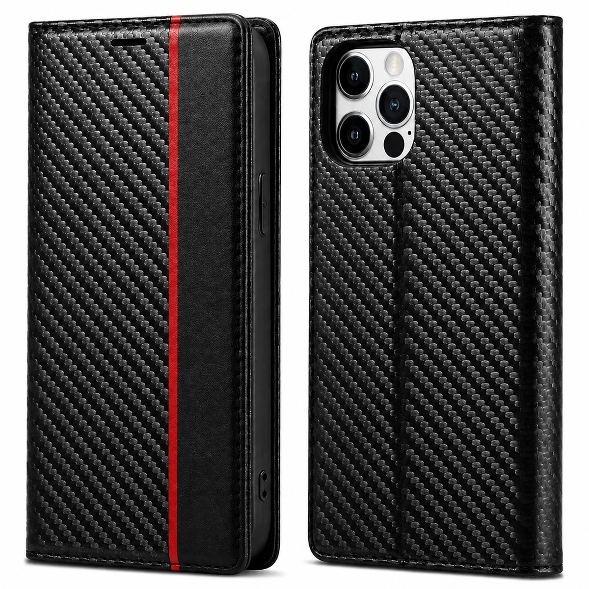 Premium iPhone Case Wallet MagSafe Compatible Carbon Fiber Leather Flip Cover Shockproof Card Holder Stand Camera Lens Protection Slim Magnetic Design