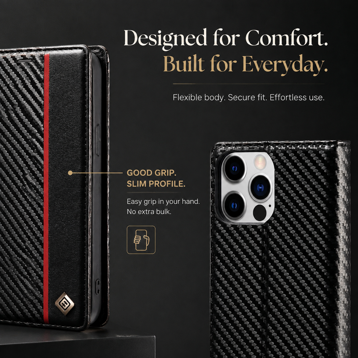 Premium iPhone Case Wallet MagSafe Compatible Carbon Fiber Leather Flip Cover Shockproof Card Holder Stand Camera Lens Protection Slim Magnetic Design