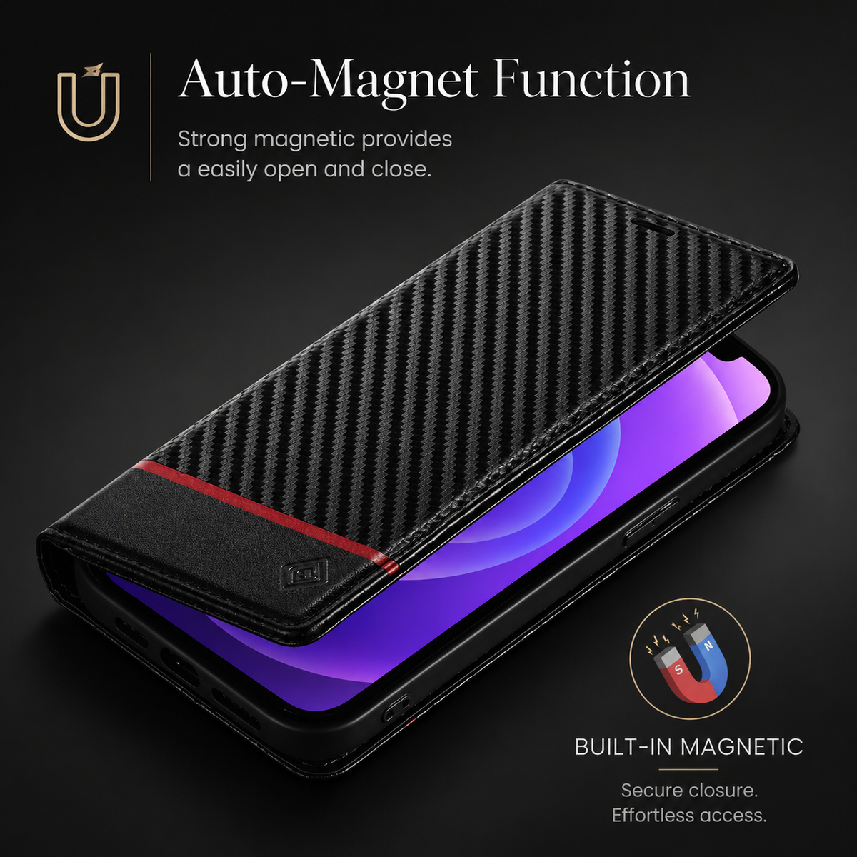 Premium iPhone Case Wallet MagSafe Compatible Carbon Fiber Leather Flip Cover Shockproof Card Holder Stand Camera Lens Protection Slim Magnetic Design