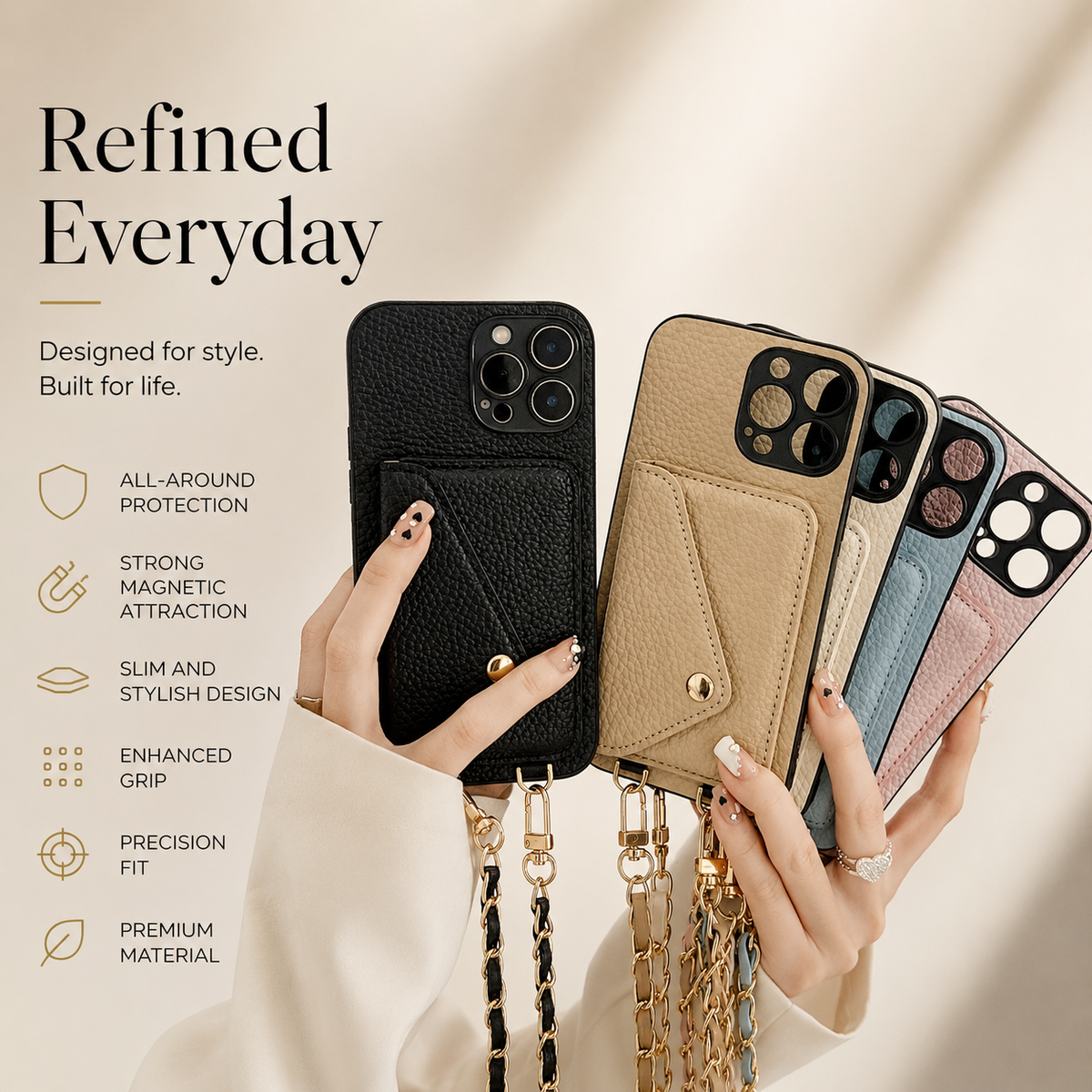 Premium iPhone Case Wallet MagSafe Compatible Crossbody Strap Leather Card Holder Shockproof Protective Cover Camera Lens Protection Slim Design