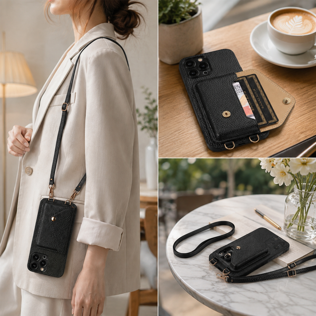 Premium iPhone Case Wallet MagSafe Compatible Crossbody Strap Leather Card Holder Shockproof Protective Cover Camera Lens Protection Slim Design