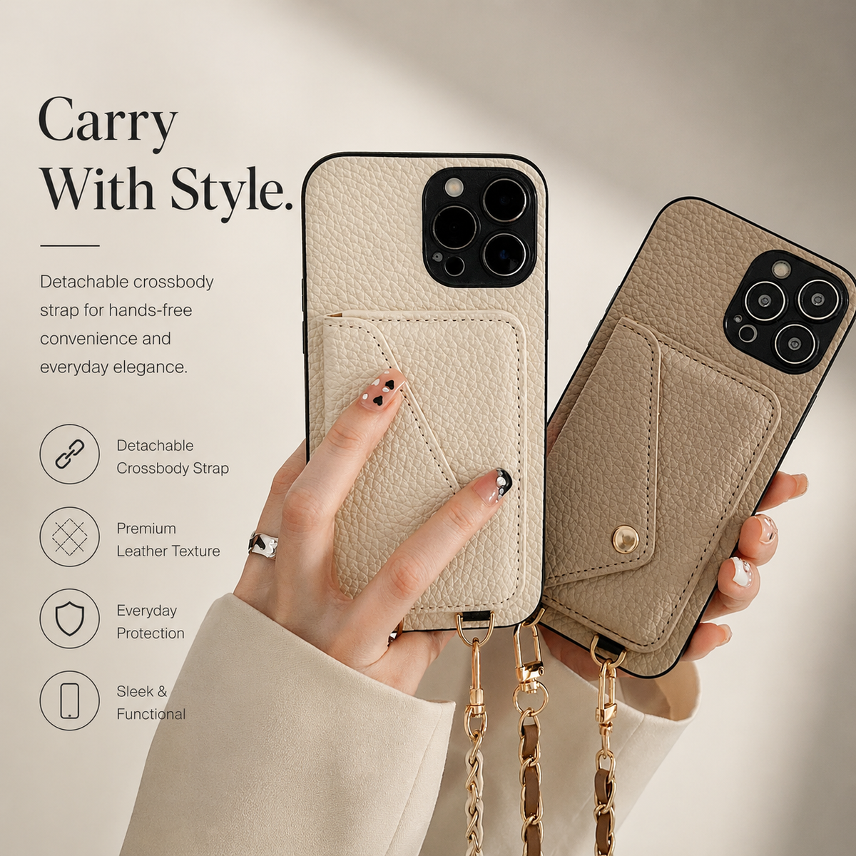 Premium iPhone Case Wallet MagSafe Compatible Crossbody Strap Leather Card Holder Shockproof Protective Cover Camera Lens Protection Slim Design