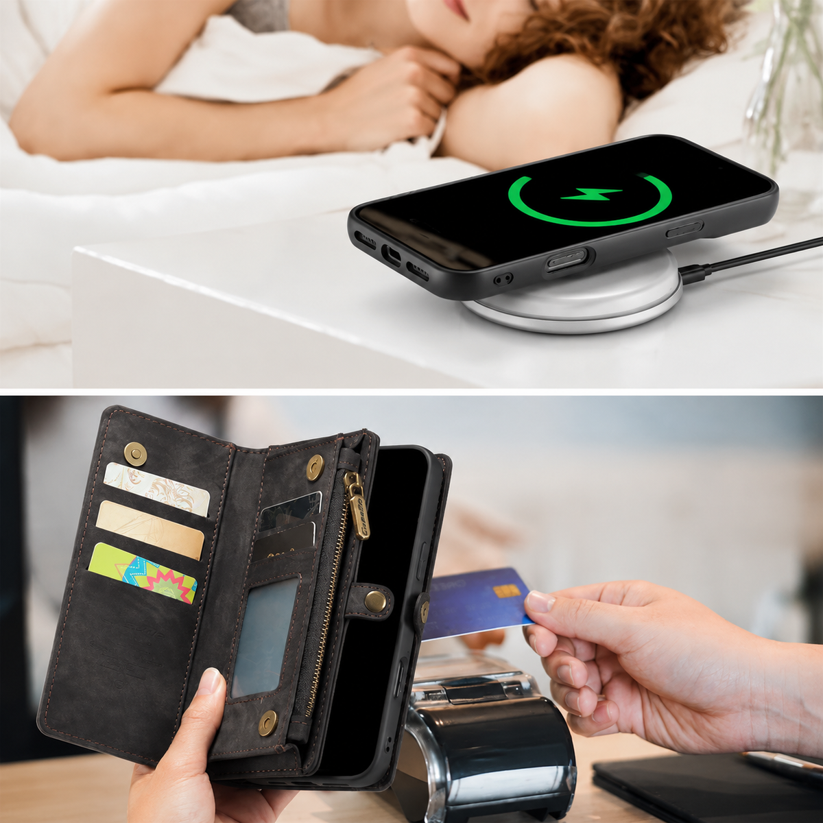 Premium iPhone Case Wallet MagSafe Compatible Detachable Leather Flip Stand Shockproof Protective Cover Card Holder Camera Lens Protection Slim Design Description Title