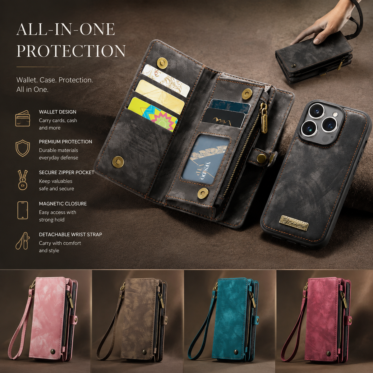 Premium iPhone Case Wallet MagSafe Compatible Detachable Leather Flip Stand Shockproof Protective Cover Card Holder Camera Lens Protection Slim Design Description Title