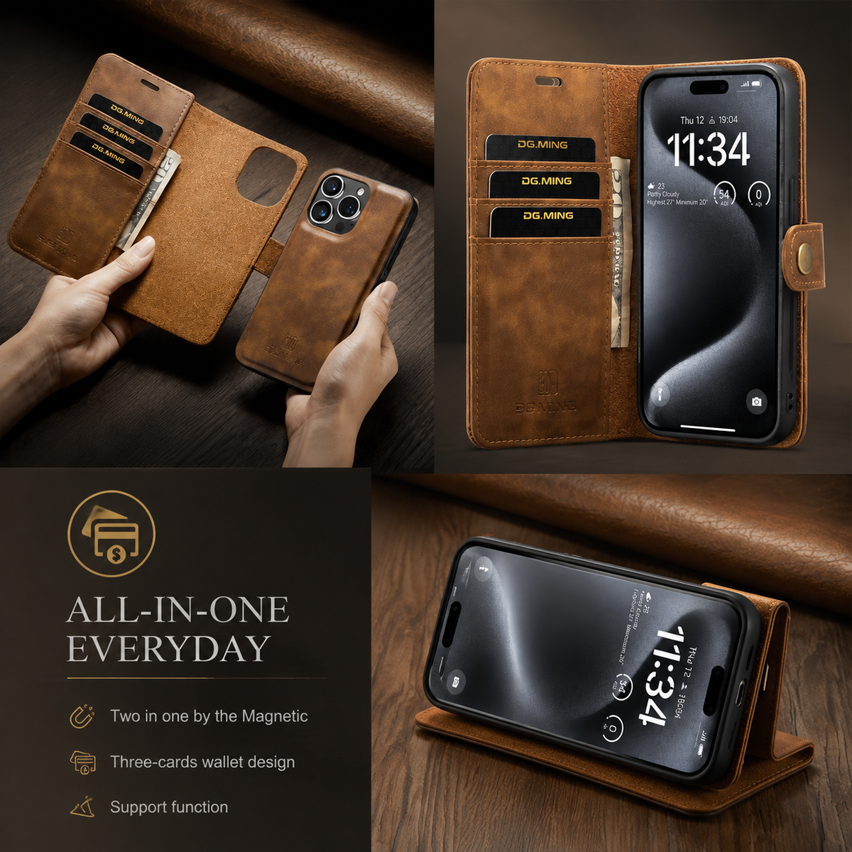 Premium iPhone Case Wallet MagSafe Compatible Detachable Magnetic Leather Shockproof Protective Cover Card Holder Camera Lens Protection Slim Design
