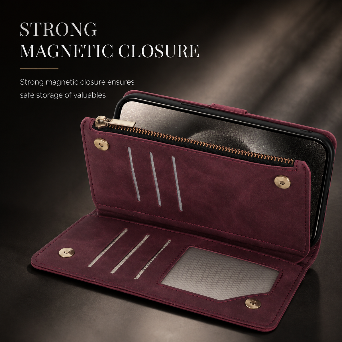 Premium iPhone Case Wallet MagSafe Compatible Leather Card Holder Magnetic Closure Shockproof Protective Cover Camera Lens Protection Slim Design