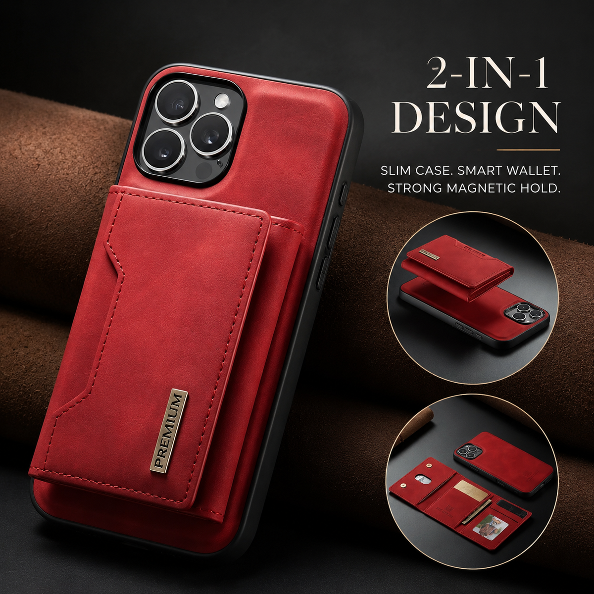 Premium iPhone Case Wallet MagSafe Compatible Leather Card Holder Shockproof Protective Cover Camera Lens Protection Slim Magnetic Stand Design