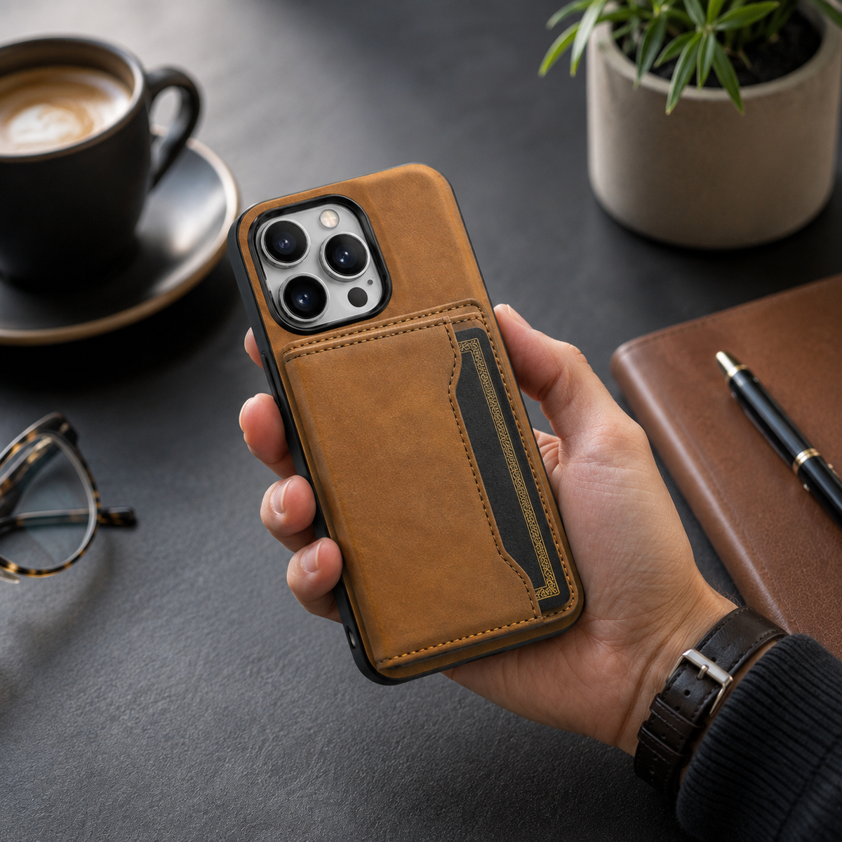 Premium iPhone Case Wallet MagSafe Compatible Leather Card Holder Shockproof Protective Cover Camera Lens Protection Slim Magnetic Stand Design