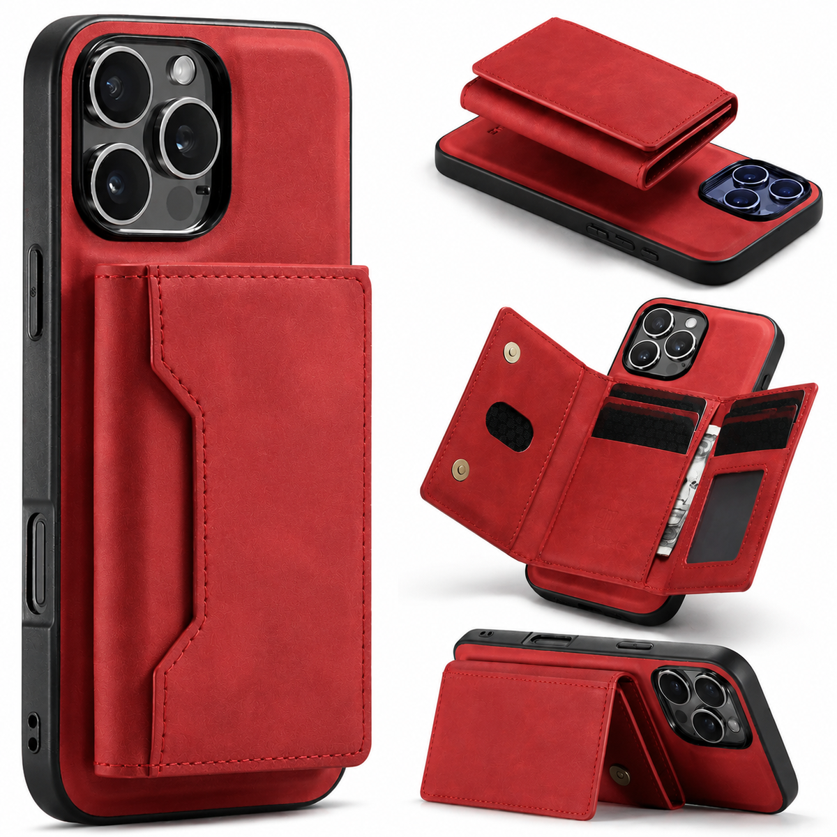 Premium iPhone Case Wallet MagSafe Compatible Leather Card Holder Shockproof Protective Cover Camera Lens Protection Slim Magnetic Stand Design