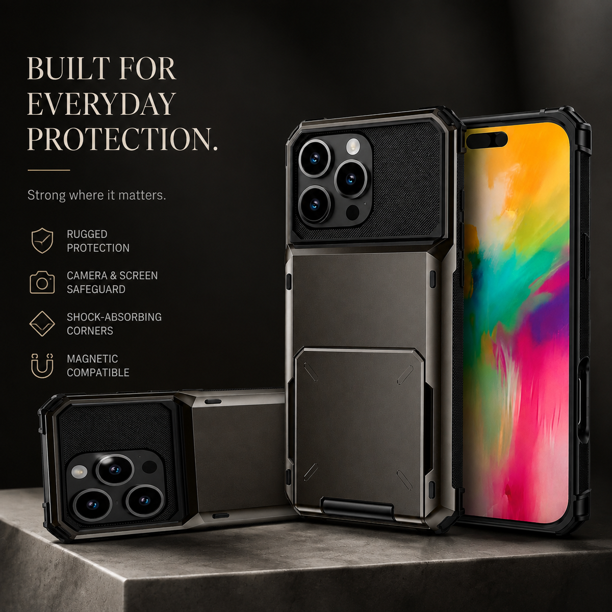 Premium iPhone Case Wallet MagSafe Compatible Slide Card Holder Armor Cover Shockproof Protection Camera Lens Guard Slim Magnetic Kickstand Durable Design