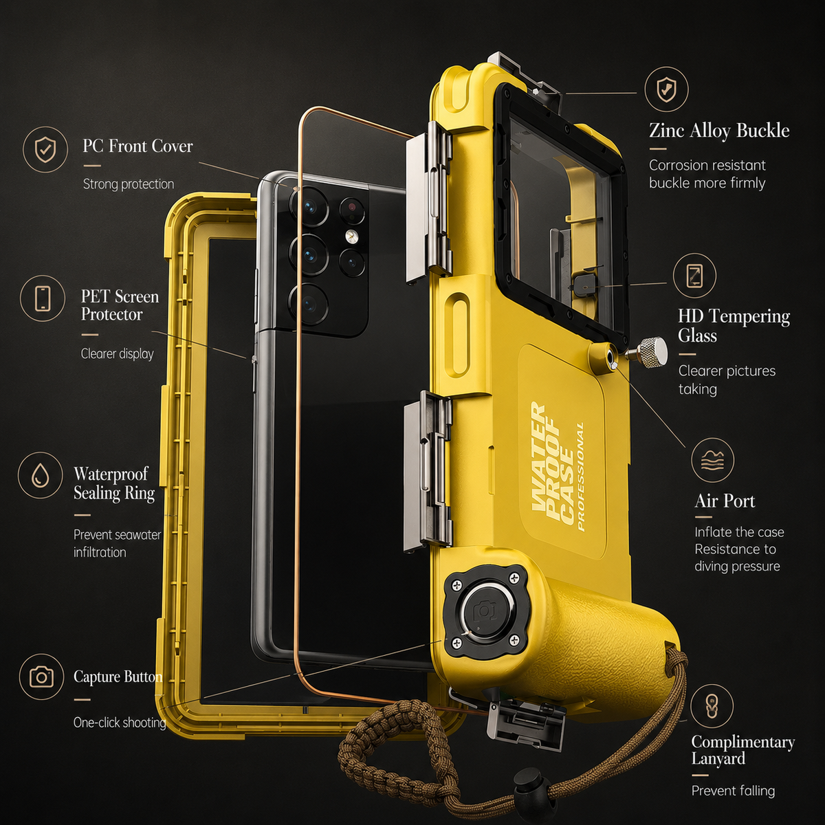 Premium iPhone Case Waterproof Diving Pouch IP68 Underwater Protective Cover Shockproof PC TPU Anti Scratch Lanyard Full Coverage Swimming Photography