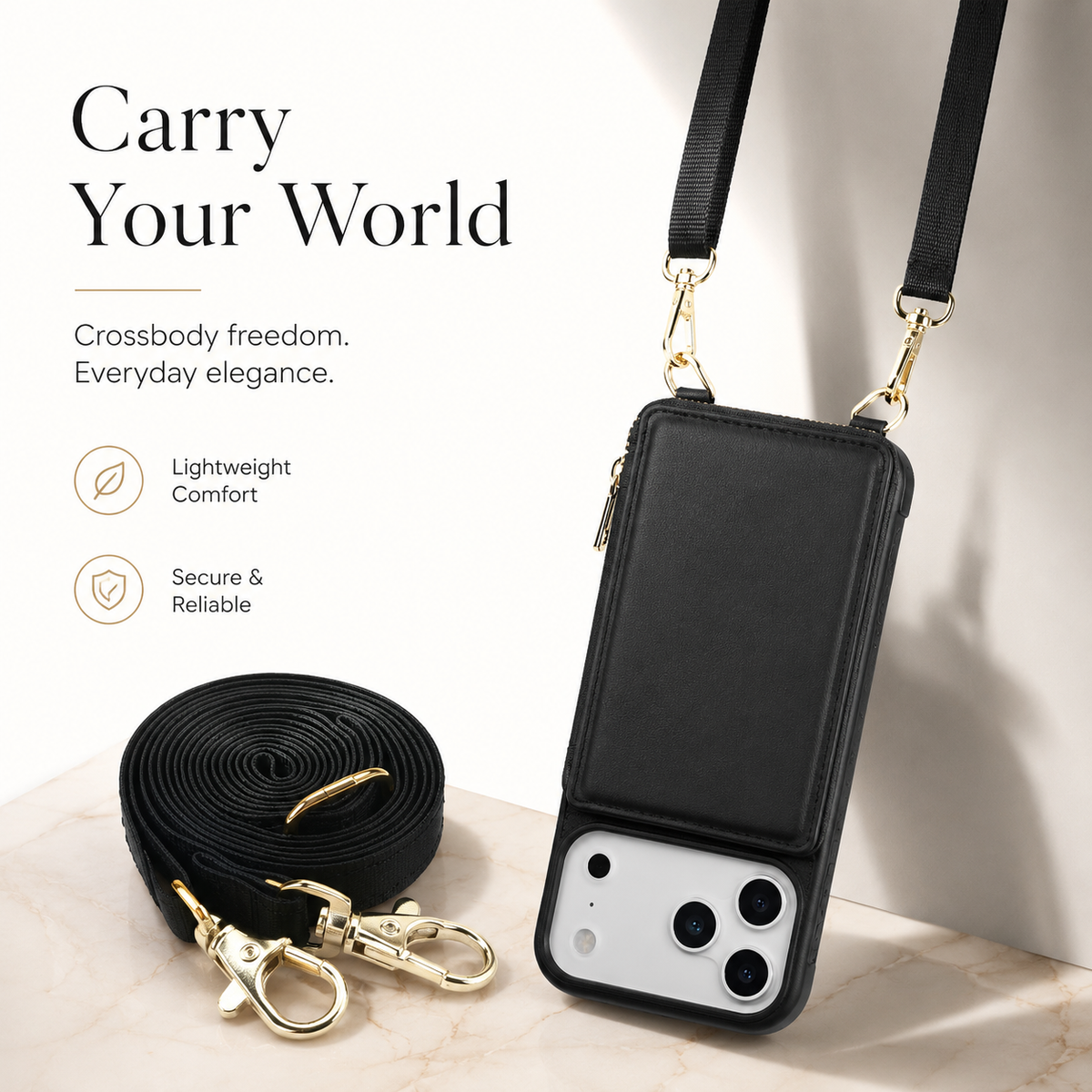 Premium iPhone Case Zipper Leather Wallet Card Holder Long Lanyard Shockproof PU Leather Storage Anti Scratch Non Slip Protective Cover Case