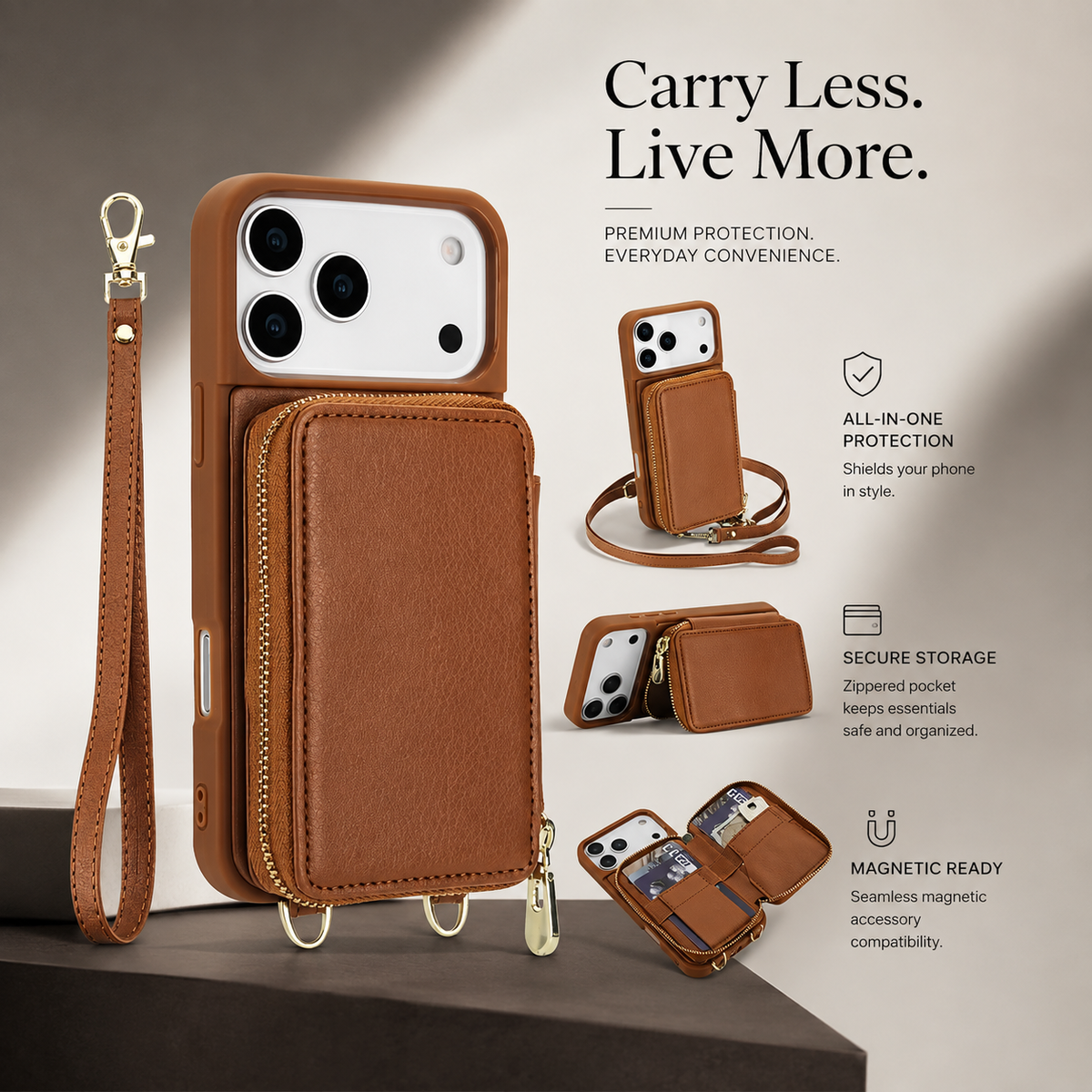 Premium iPhone Case Zipper Leather Wallet Card Holder Long Lanyard Shockproof PU Leather Storage Anti Scratch Non Slip Protective Cover Case