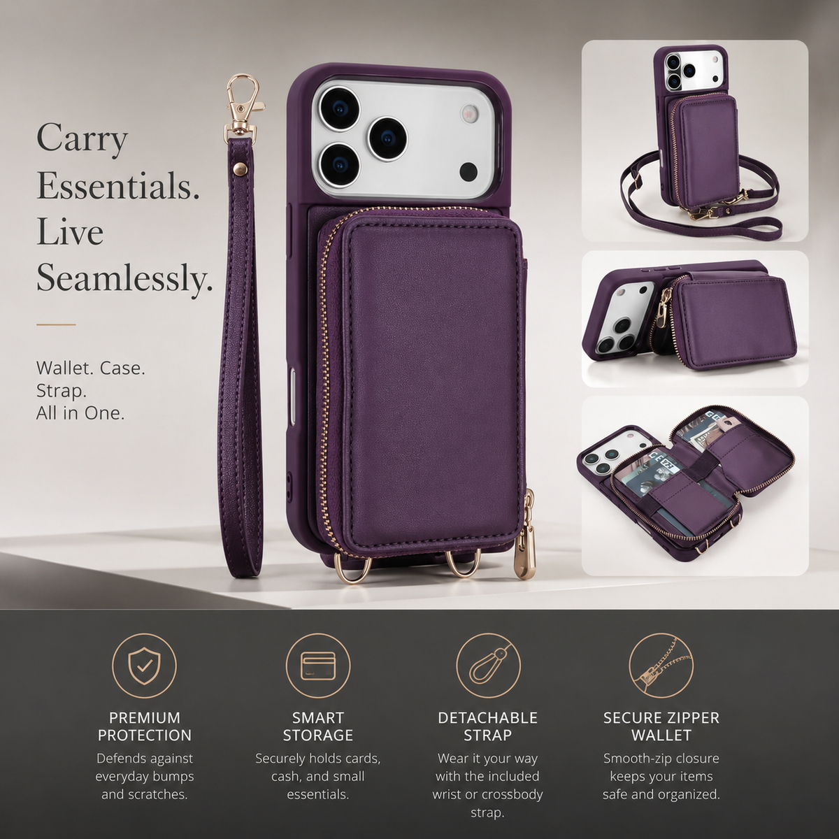 Premium iPhone Case Zipper Leather Wallet Card Holder Long Lanyard Shockproof PU Leather Storage Anti Scratch Non Slip Protective Cover Case