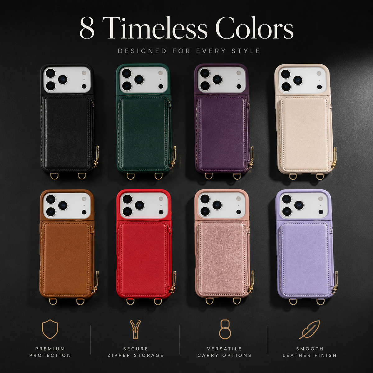 Premium iPhone Case Zipper Leather Wallet Card Holder Long Lanyard Shockproof PU Leather Storage Anti Scratch Non Slip Protective Cover Case
