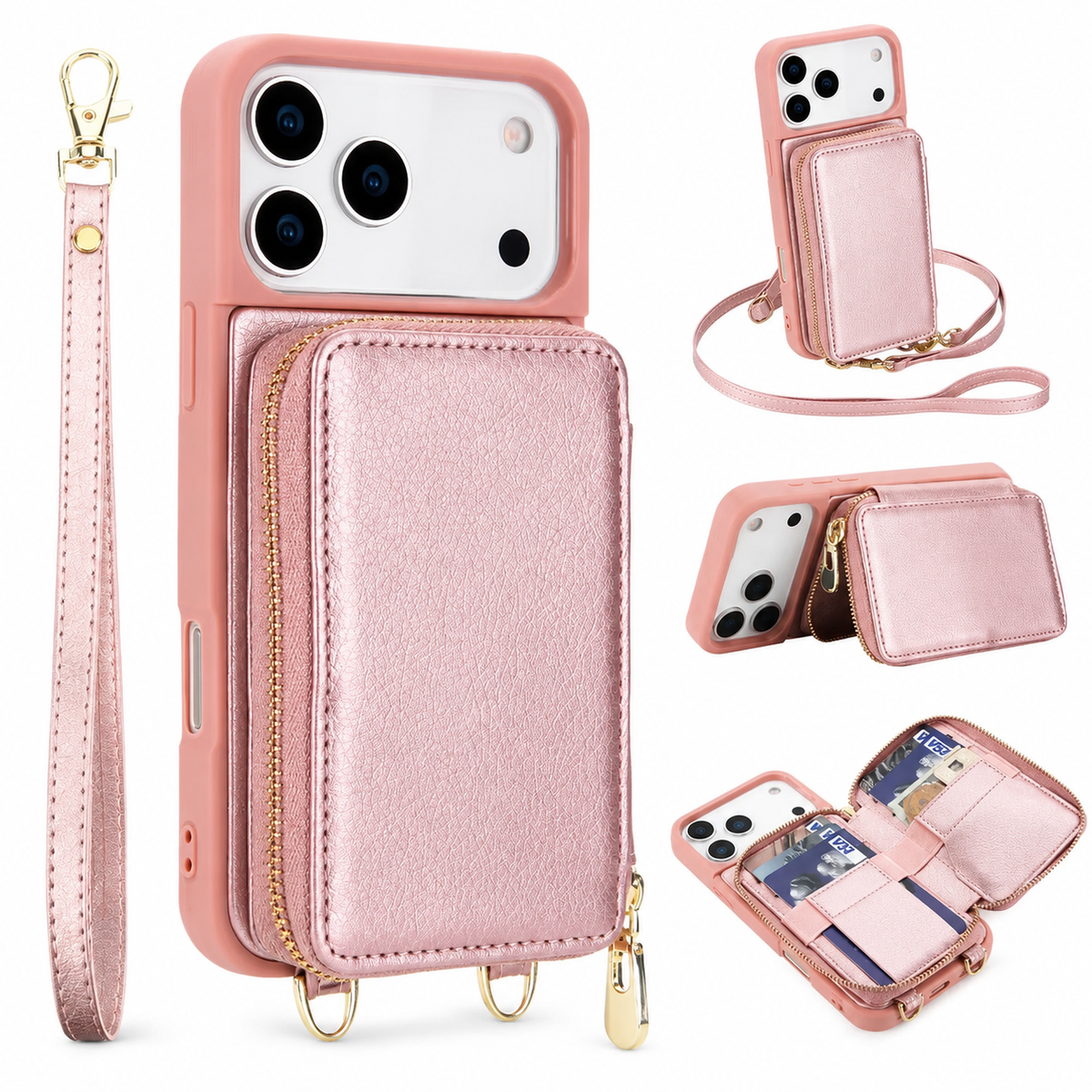 Premium iPhone Case Zipper Leather Wallet Card Holder Long Lanyard Shockproof PU Leather Storage Anti Scratch Non Slip Protective Cover Case