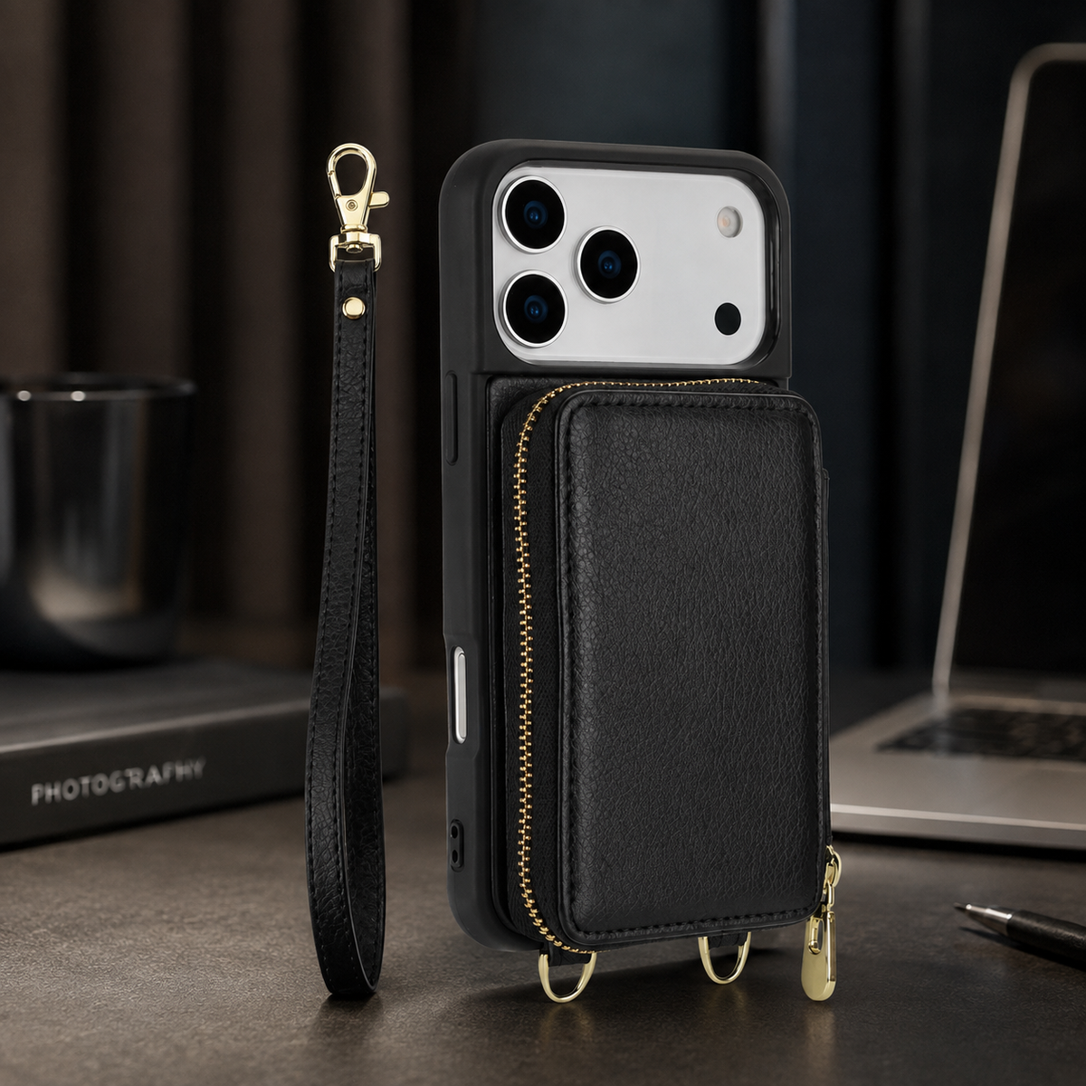 Premium iPhone Case Zipper Leather Wallet Card Holder Long Lanyard Shockproof PU Leather Storage Anti Scratch Non Slip Protective Cover Case