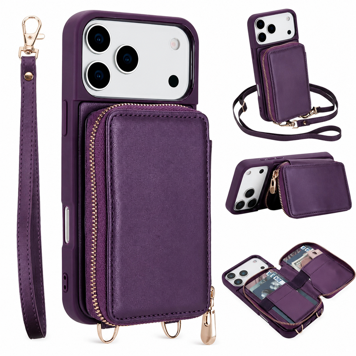 Premium iPhone Case Zipper Leather Wallet Card Holder Long Lanyard Shockproof PU Leather Storage Anti Scratch Non Slip Protective Cover Case