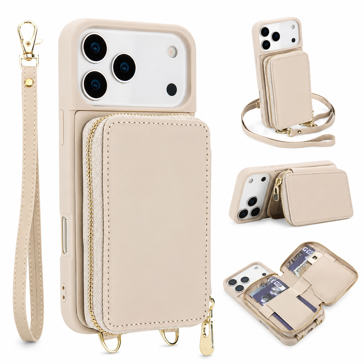 Premium iPhone Case Zipper Leather Wallet Card Holder Long Lanyard Shockproof PU Leather Storage Anti Scratch Non Slip Protective Cover Case