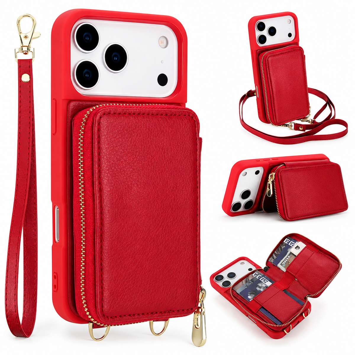 Premium iPhone Case Zipper Leather Wallet Card Holder Long Lanyard Shockproof PU Leather Storage Anti Scratch Non Slip Protective Cover Case