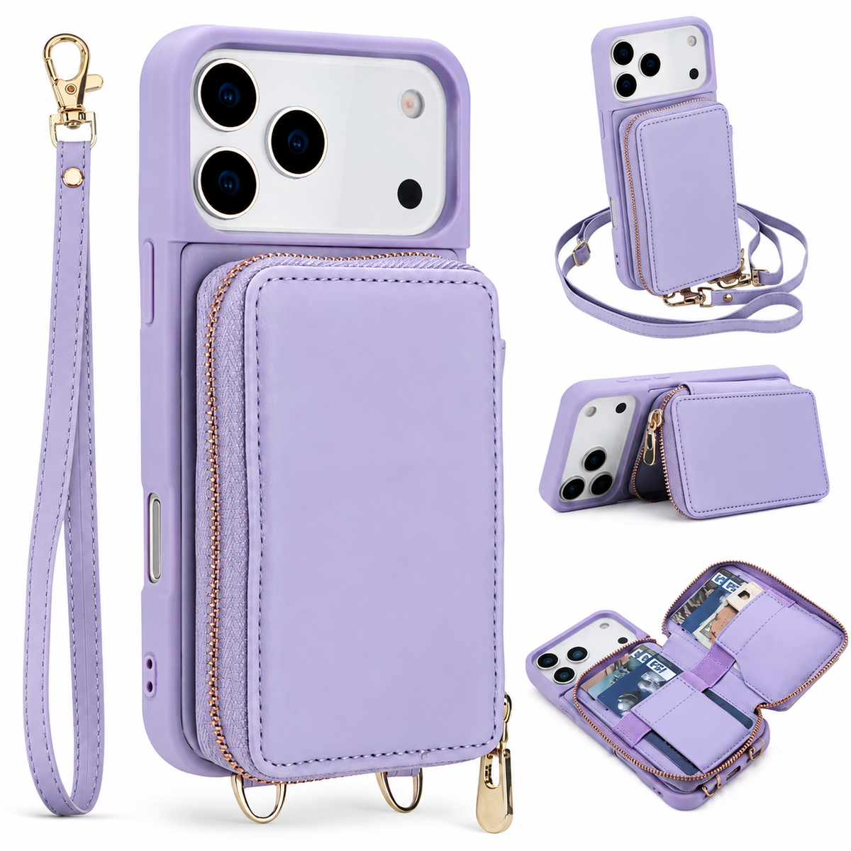 Premium iPhone Case Zipper Leather Wallet Card Holder Long Lanyard Shockproof PU Leather Storage Anti Scratch Non Slip Protective Cover Case