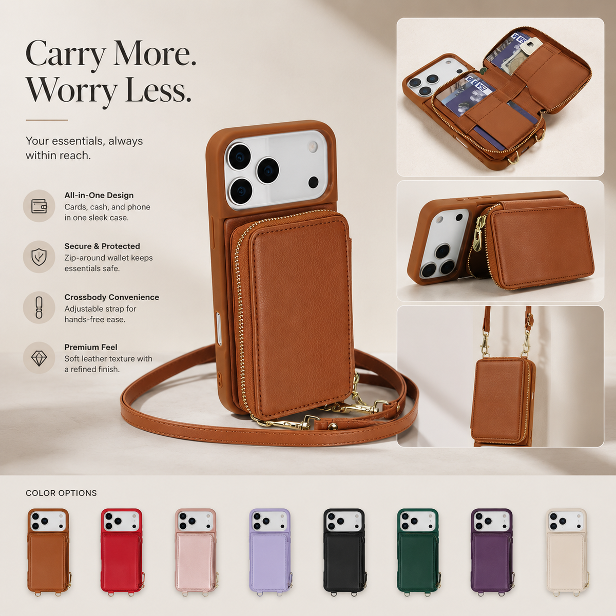 Premium iPhone Case Zipper Leather Wallet Card Holder Long Lanyard Shockproof PU Leather Storage Anti Scratch Non Slip Protective Cover Case