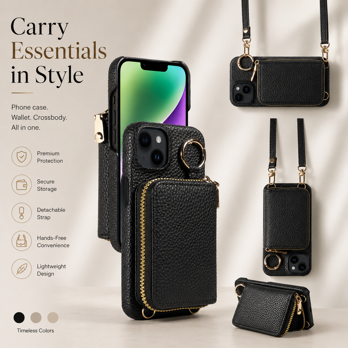 Premium iPhone Case Zipper Wallet Crossbody Cover PU Leather Card Holder Lanyard Strap Magnetic Closure Shockproof Full Protection Slim Design