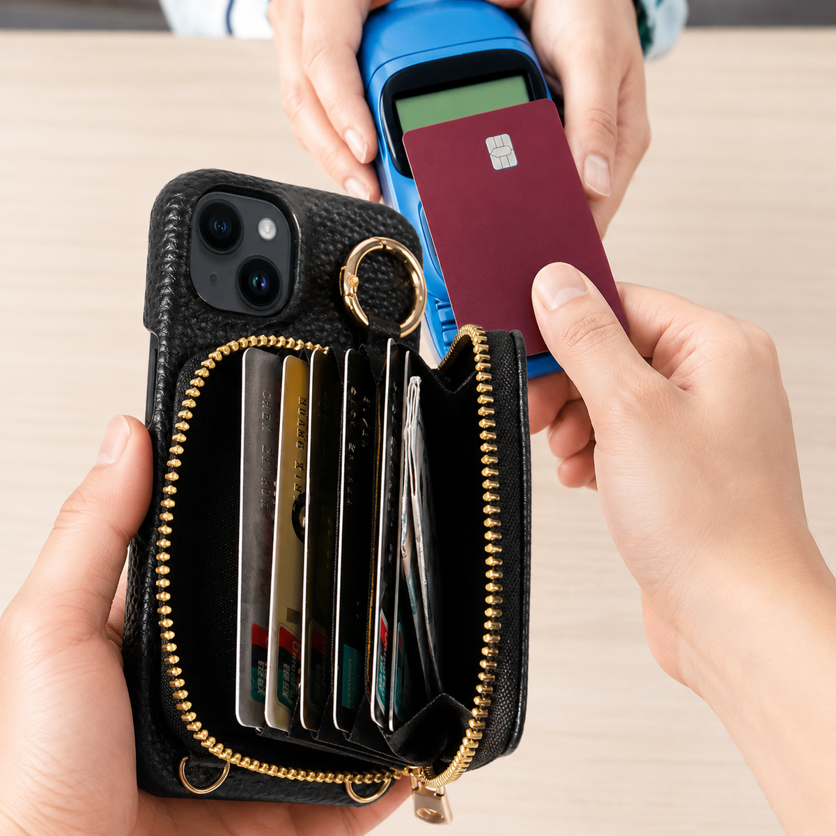 Premium iPhone Case Zipper Wallet Crossbody Cover PU Leather Card Holder Lanyard Strap Magnetic Closure Shockproof Full Protection Slim Design