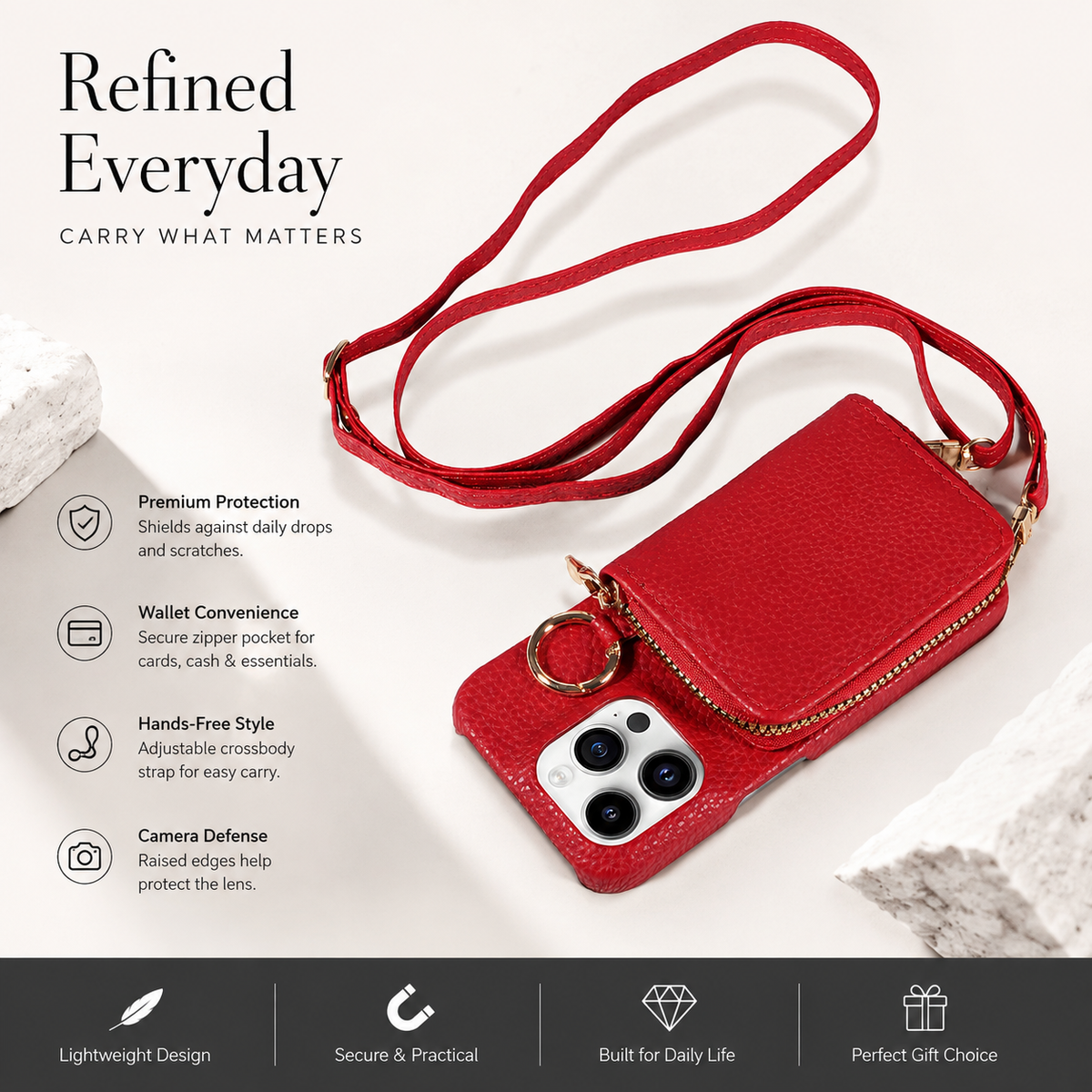 Premium iPhone Case Zipper Wallet Crossbody Cover PU Leather Card Holder Lanyard Strap Magnetic Closure Shockproof Full Protection Slim Design