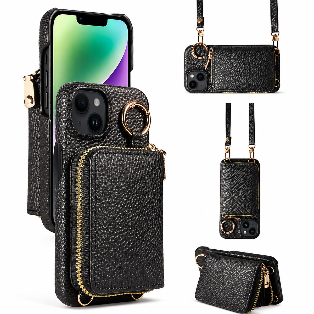Premium iPhone Case Zipper Wallet Crossbody Cover PU Leather Card Holder Lanyard Strap Magnetic Closure Shockproof Full Protection Slim Design