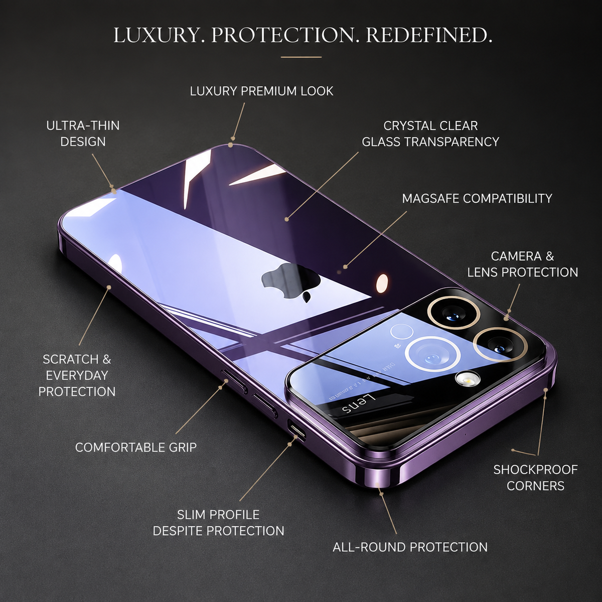 Luxury iPhone Case MagSafe Compatible Transparent Tempered Glass Shockproof Protective Cover Silicone Bumper Camera Lens Protection Ultra Thin Clear