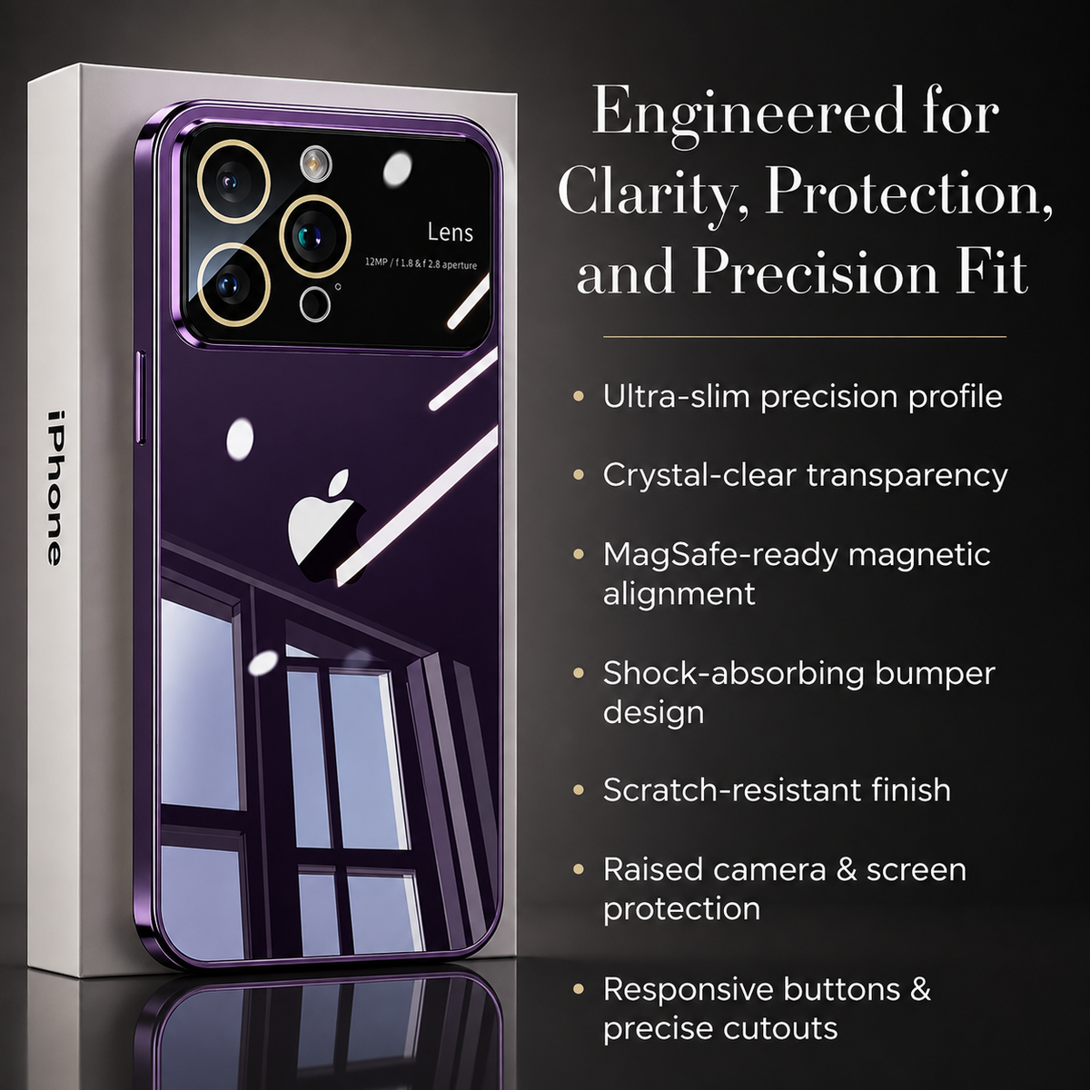 Luxury iPhone Case MagSafe Compatible Transparent Tempered Glass Shockproof Protective Cover Silicone Bumper Camera Lens Protection Ultra Thin Clear