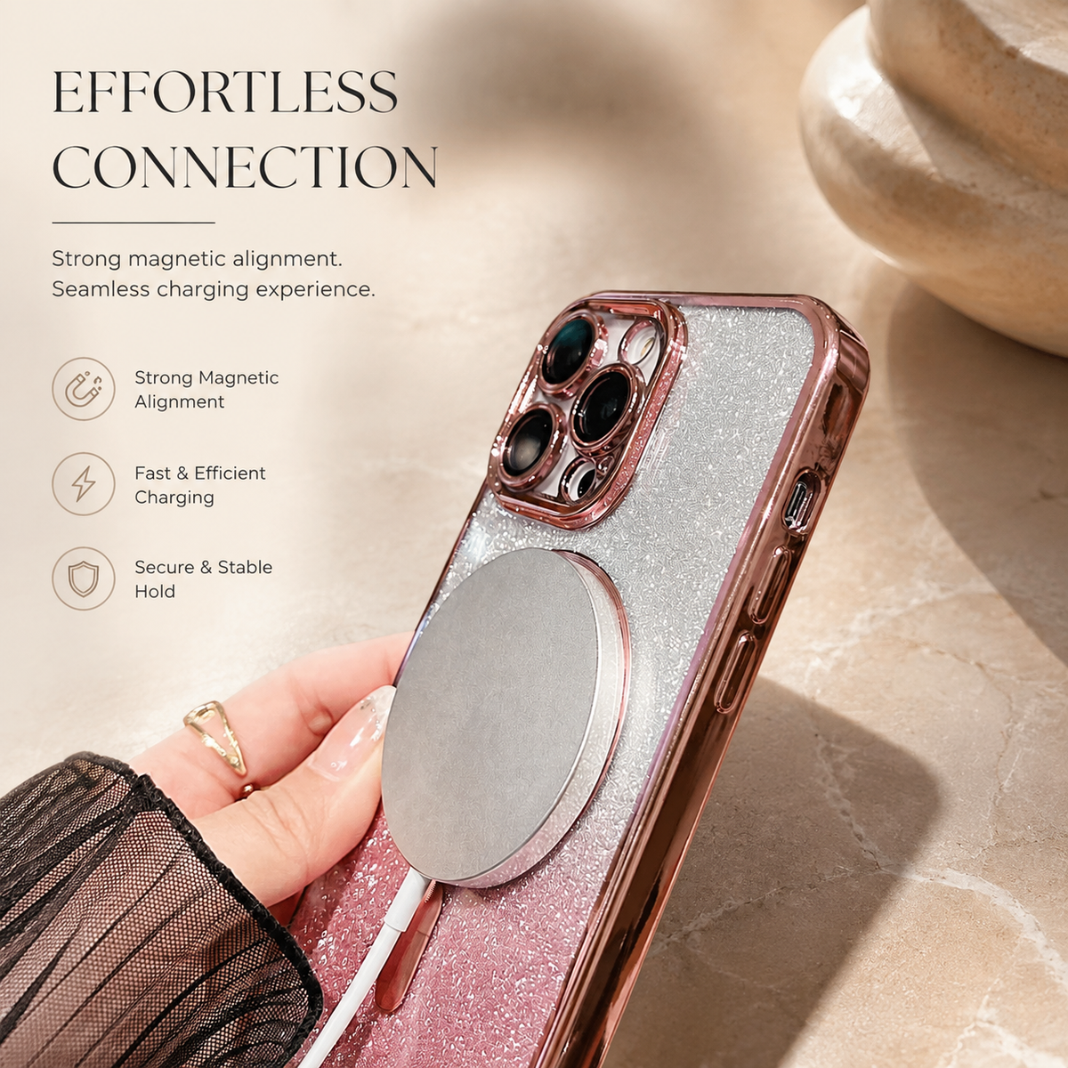 Luxury iPhone Case with MagSafe Compatible Gradient Glitter Crossbody Strap, Shockproof TPU Cover, Camera Lens Protection, Slim Protective Design