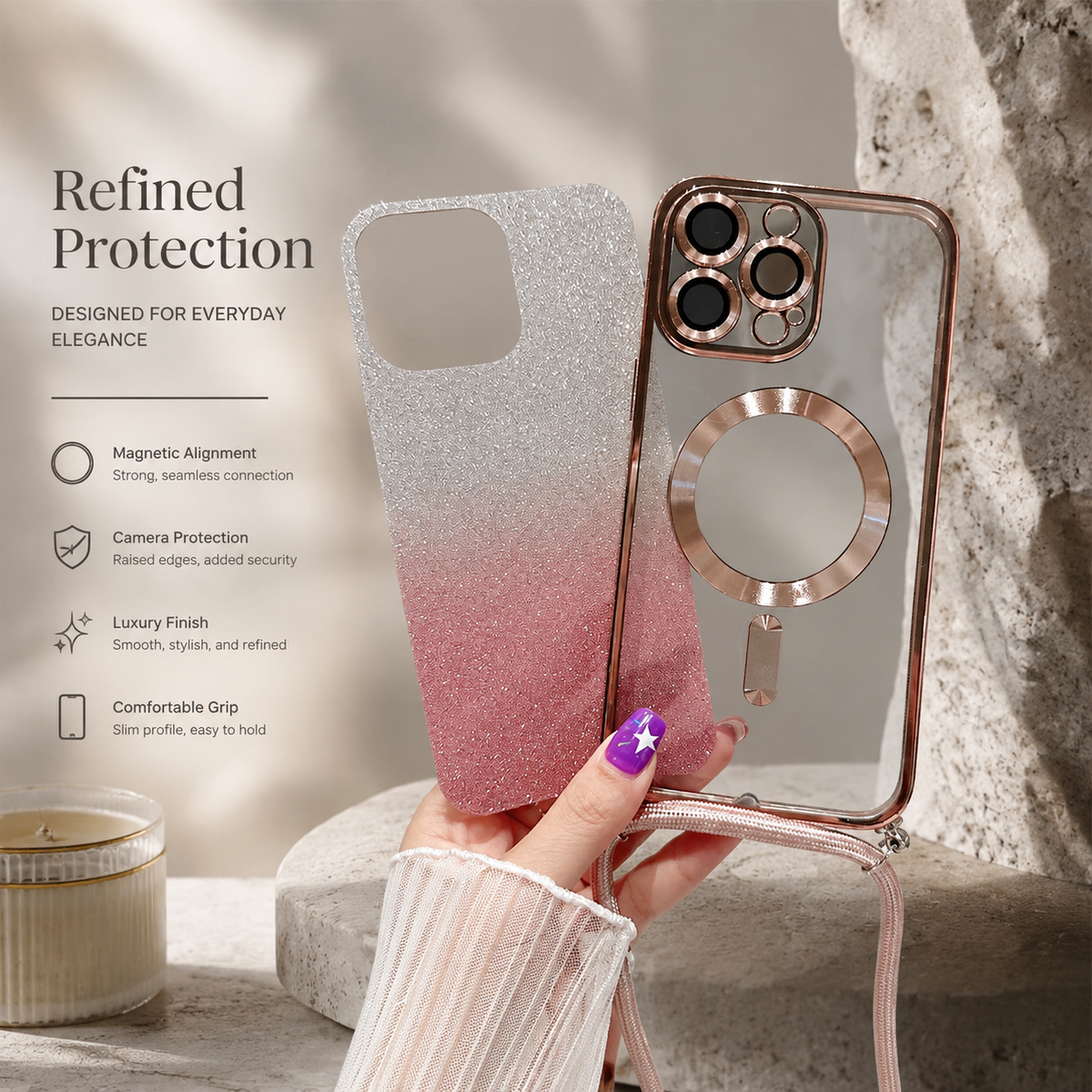 Luxury iPhone Case with MagSafe Compatible Gradient Glitter Crossbody Strap, Shockproof TPU Cover, Camera Lens Protection, Slim Protective Design