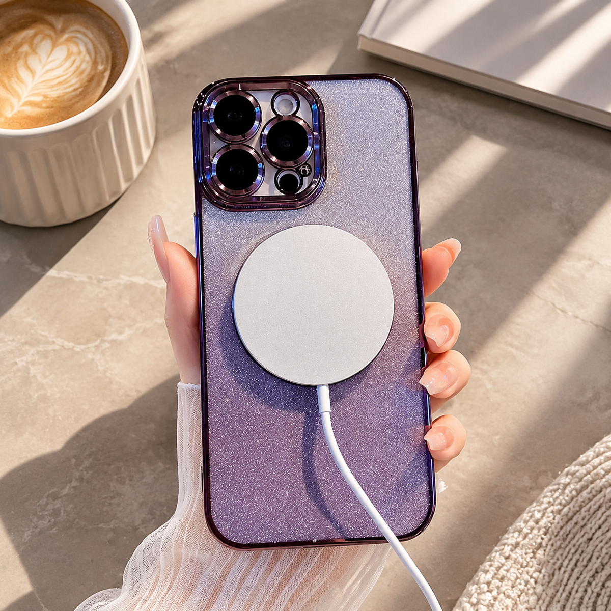 Luxury iPhone Case with MagSafe Compatible Gradient Glitter Crossbody Strap, Shockproof TPU Cover, Camera Lens Protection, Slim Protective Design