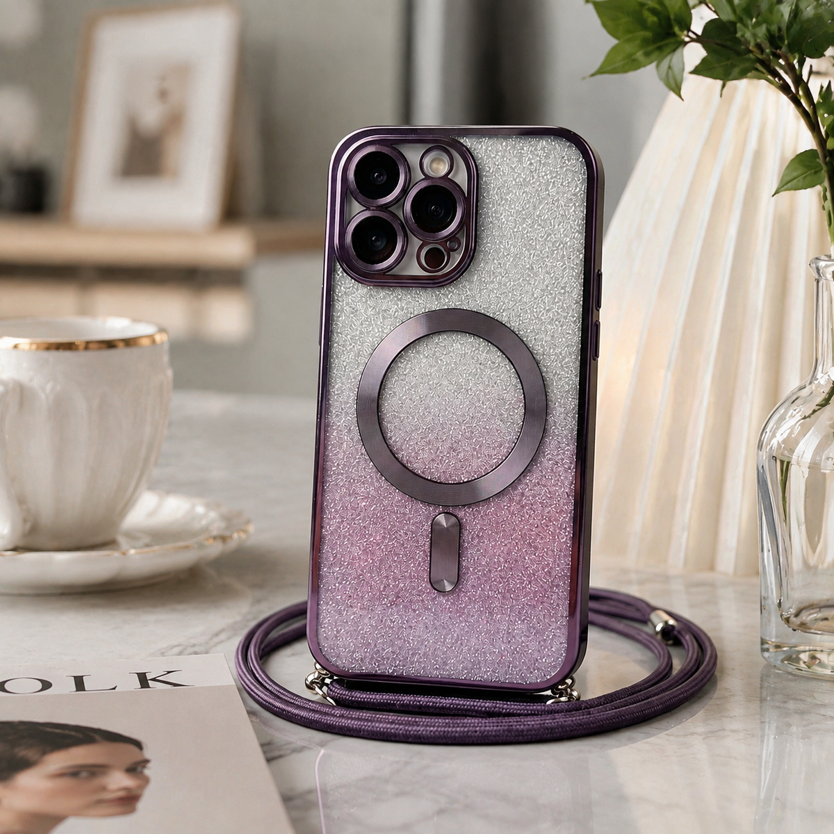Luxury iPhone Case with MagSafe Compatible Gradient Glitter Crossbody Strap, Shockproof TPU Cover, Camera Lens Protection, Slim Protective Design