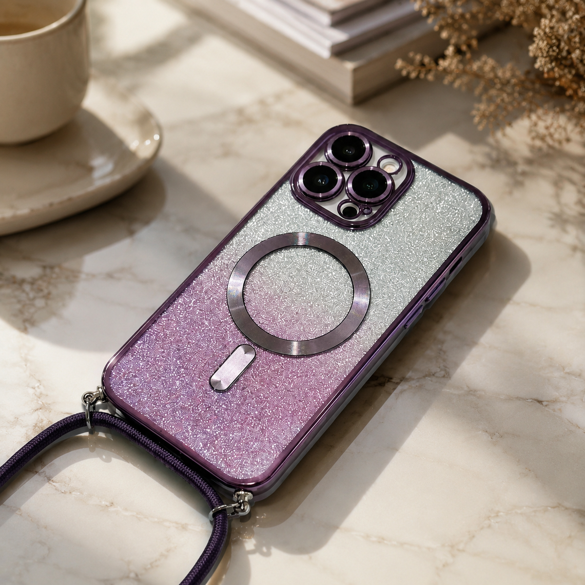 Luxury iPhone Case with MagSafe Compatible Gradient Glitter Crossbody Strap, Shockproof TPU Cover, Camera Lens Protection, Slim Protective Design