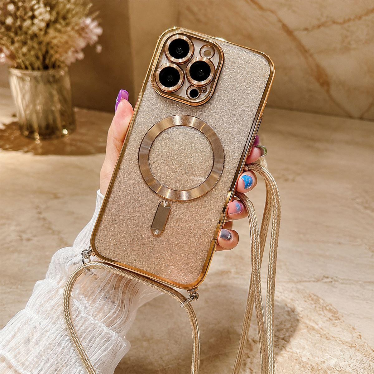 Luxury iPhone Case with MagSafe Compatible Gradient Glitter Crossbody Strap, Shockproof TPU Cover, Camera Lens Protection, Slim Protective Design