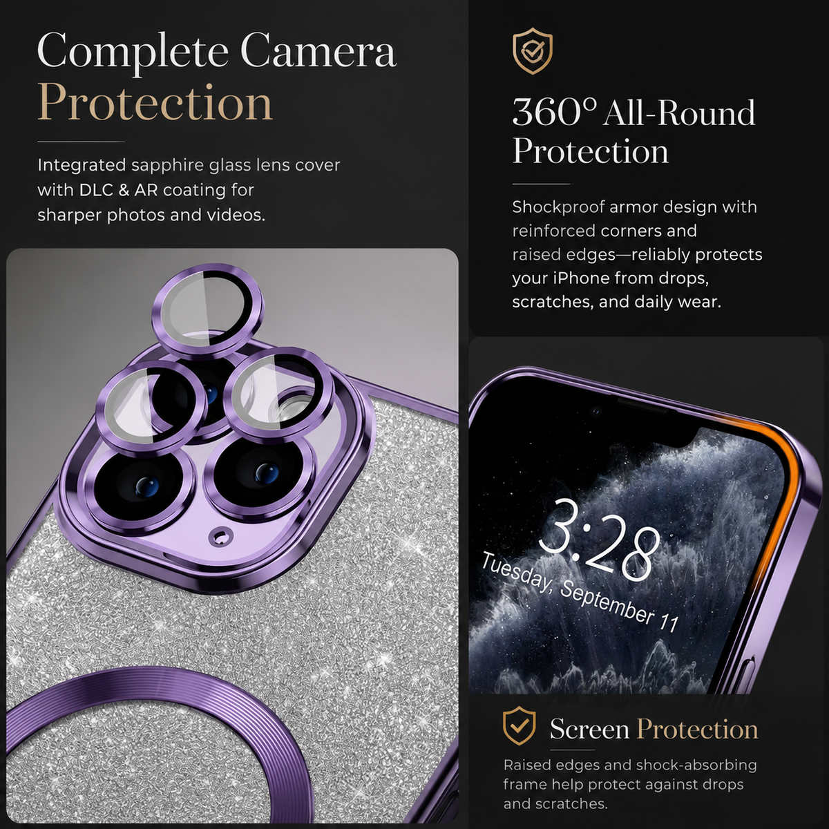 Luxury iPhone Case with MagSafe Compatible Gradient Glitter Crossbody Strap, Shockproof TPU Cover, Camera Lens Protection, Slim Protective Design