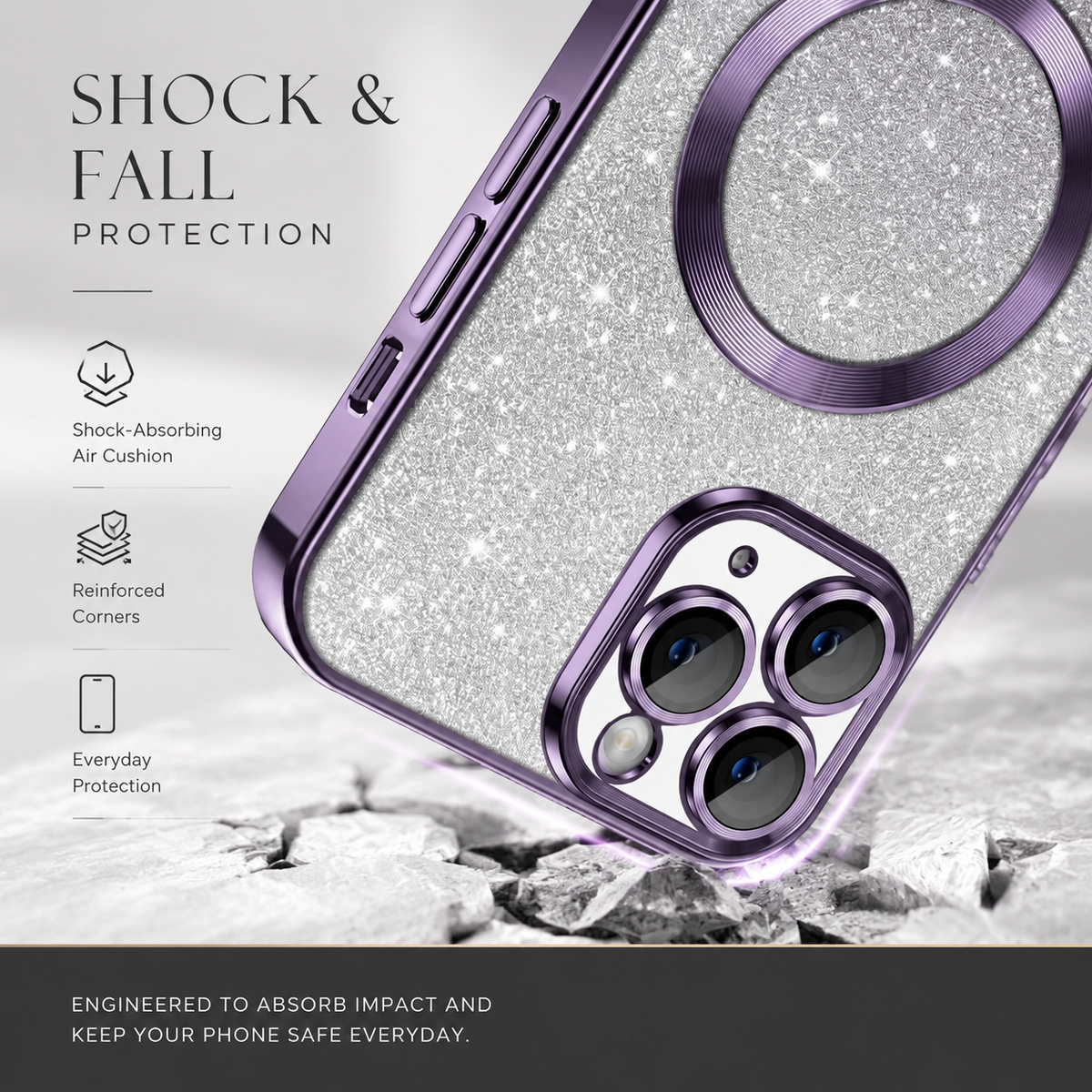 Luxury iPhone Case with MagSafe Compatible Gradient Glitter Crossbody Strap, Shockproof TPU Cover, Camera Lens Protection, Slim Protective Design