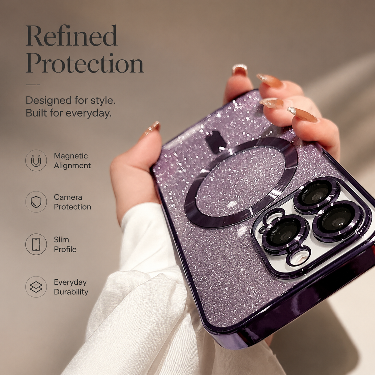 Luxury iPhone Case with MagSafe Compatible Gradient Glitter Crossbody Strap, Shockproof TPU Cover, Camera Lens Protection, Slim Protective Design