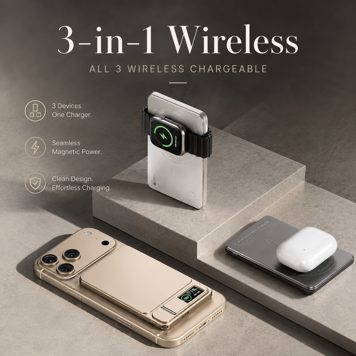Premium 3 in 1 Magnetic Wireless Power Bank 20W Fast Charging Portable Battery Built In Stand Digital Display Watch Charger Compatible with iPhone