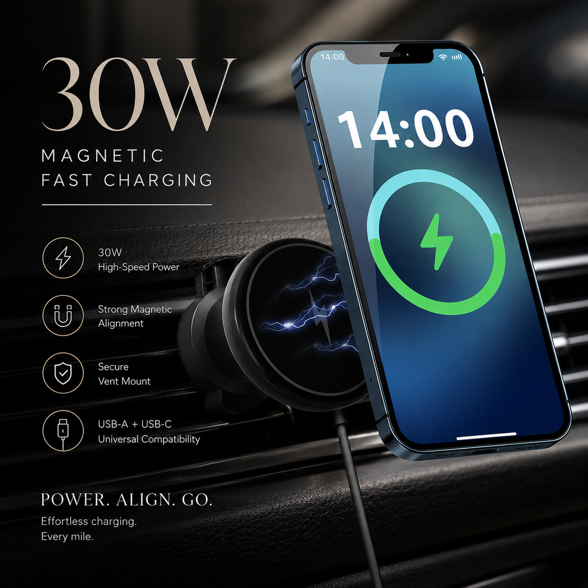 Premium 30W Magnetic Wireless Car Charger Fast Charging Phone Holder Dashboard Air Vent Mount 360 Rotation Smart Chip Anti Slip Compatible with iPhone