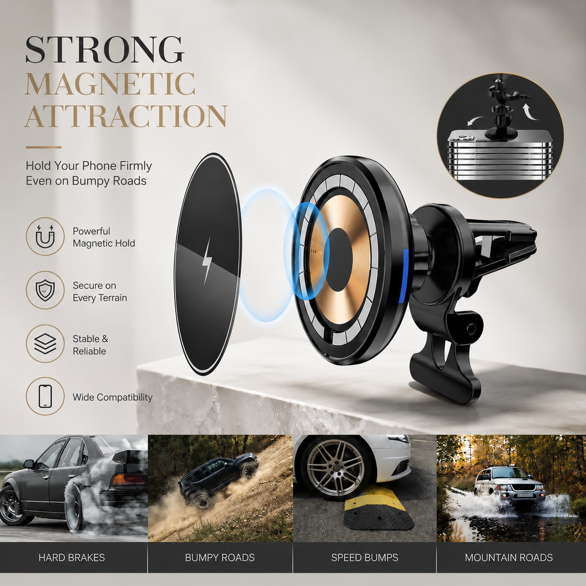 Premium 30W Magnetic Wireless Car Charger Fast Charging Phone Holder Dashboard Air Vent Mount 360 Rotation Smart Chip Anti Slip Compatible with iPhone
