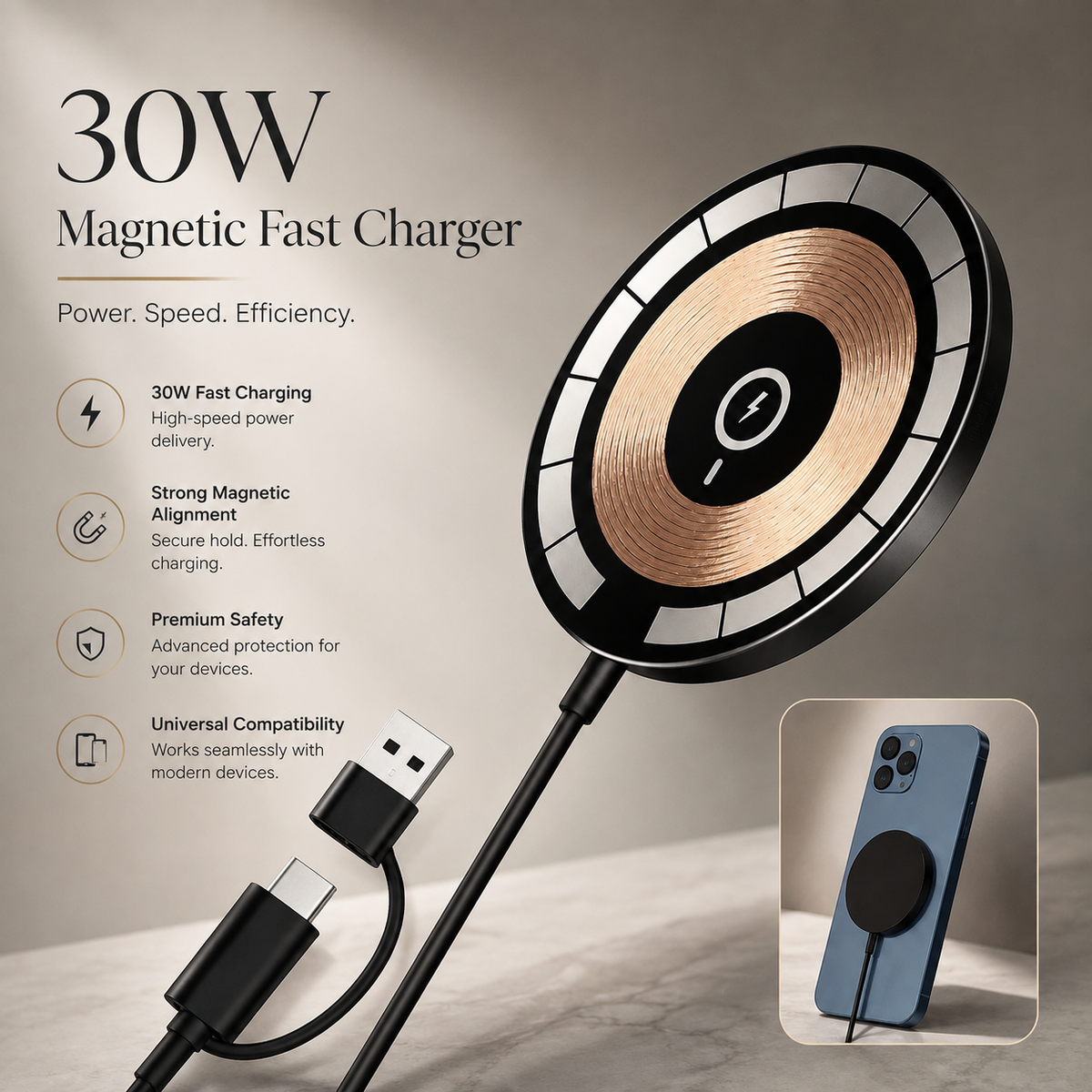 Premium 30W Magnetic Wireless Charger Pad Fast Charging MagSafe Stand USB C PD USB A Power Adapter Compatible iPhone Non Slip Portable