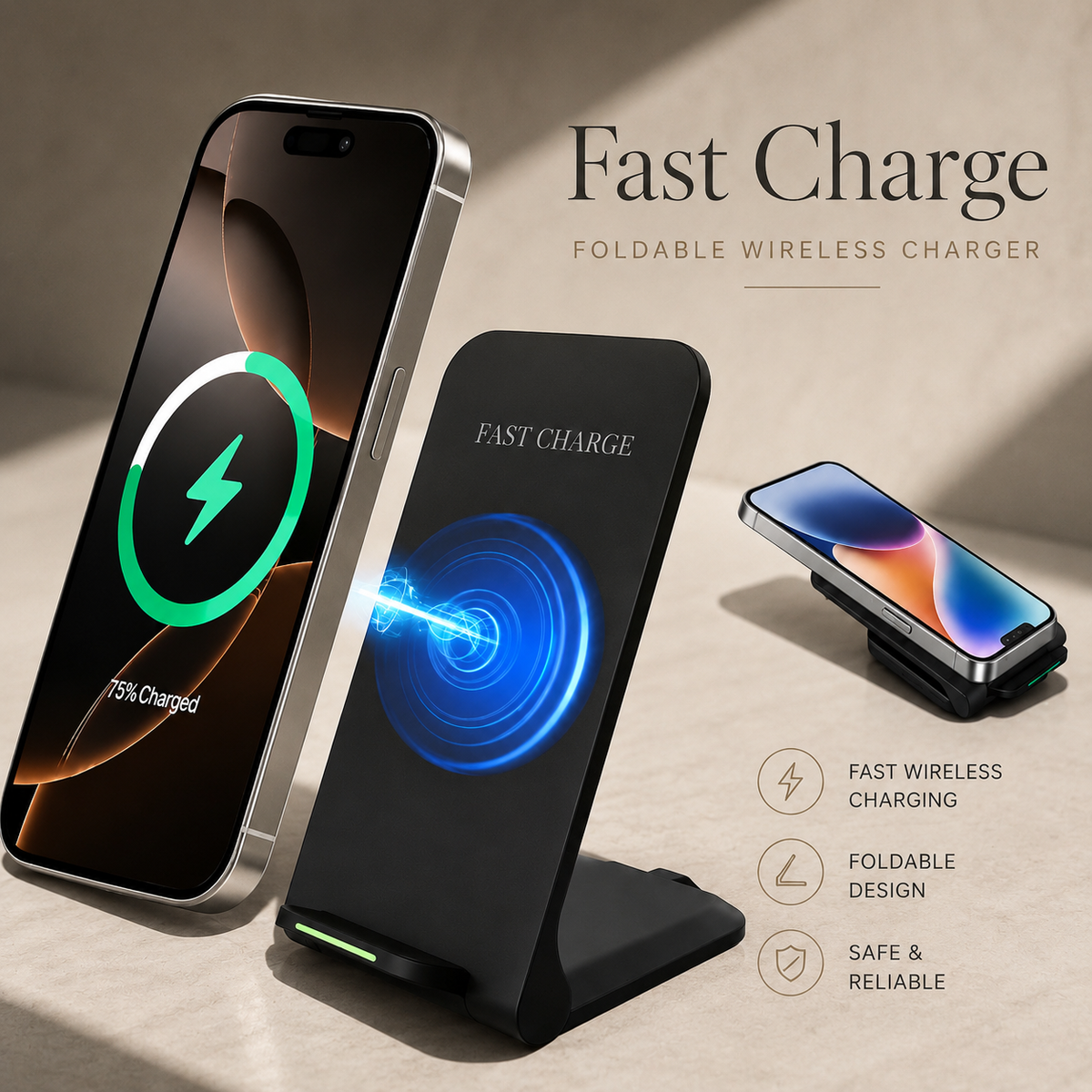 Premium 30W Wireless Charger Stand Fast Charging Foldable Phone Charging Stand USB C Vertical Horizontal Viewing Compatible with iPhone Travel Design