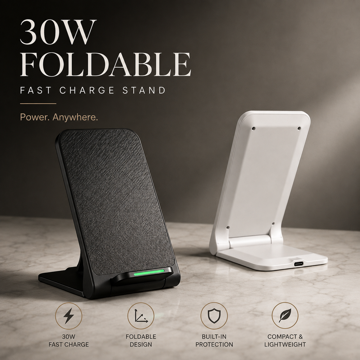 Premium 30W Wireless Charger Stand Fast Charging Foldable Phone Charging Stand USB C Vertical Horizontal Viewing Compatible with iPhone Travel Design